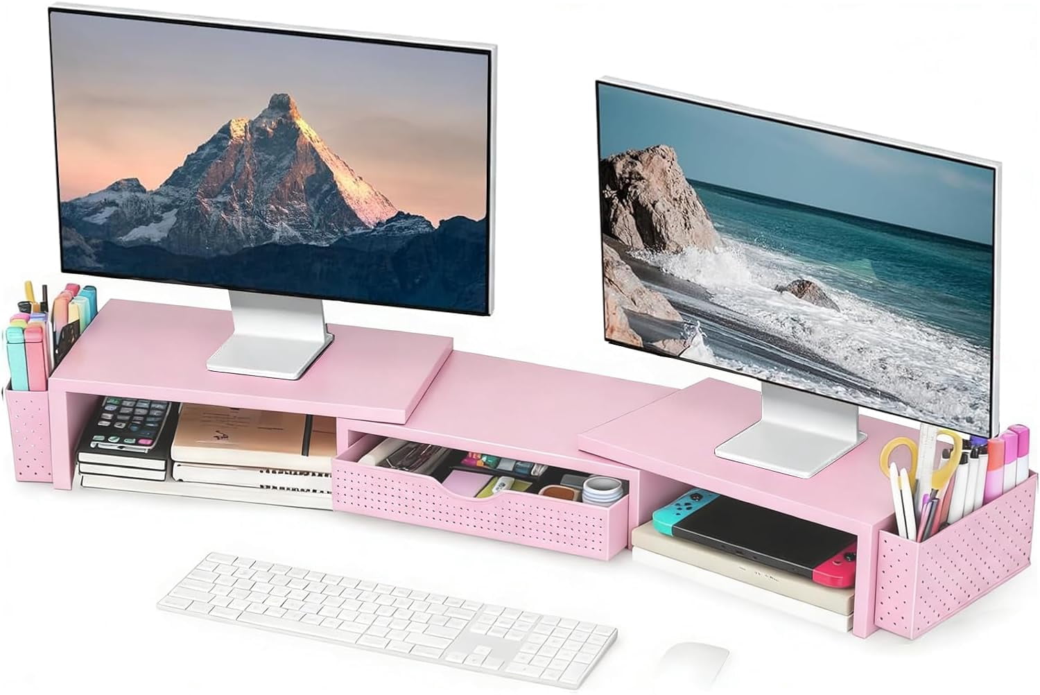 Metal Desk Organizers and Accessories, Dual Monitor Stand Riser with Drawer and 2 Pen Holders, Desk Accessories & Workspace Desktop Organizers for Office Supplies (Pink)