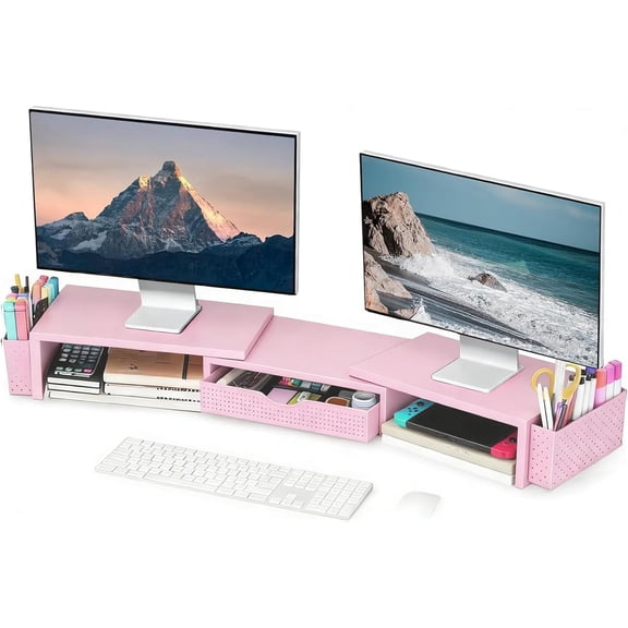 Metal Desk Organizers and Accessories, Dual Monitor Stand Riser with Drawer and 2 Pen Holders, Desk Accessories & Workspace Desktop Organizers for Office Supplies (Pink)