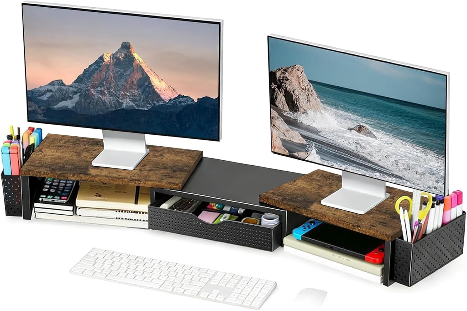 Metal Desk Organizers and Accessories, Dual Monitor Stand Riser with Drawer and 2 Pen Holders, Desk Accessories & Workspace Desktop Organizers for Office Supplies (Wood)