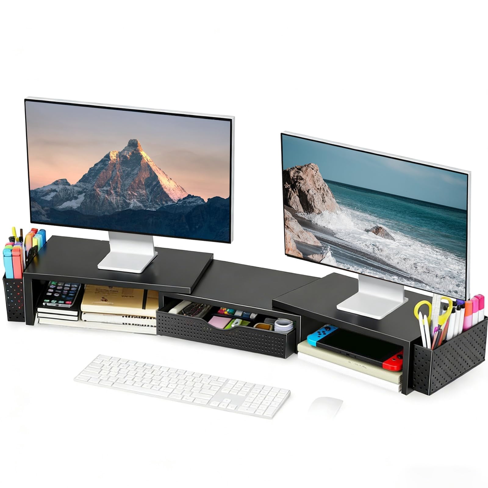 Metal Desk Organizers And Accessories  Dual Monitor Stand Riser With Drawer 2 Pen Holders Book Racks & Workspace Desktop For Office Supplies (black)