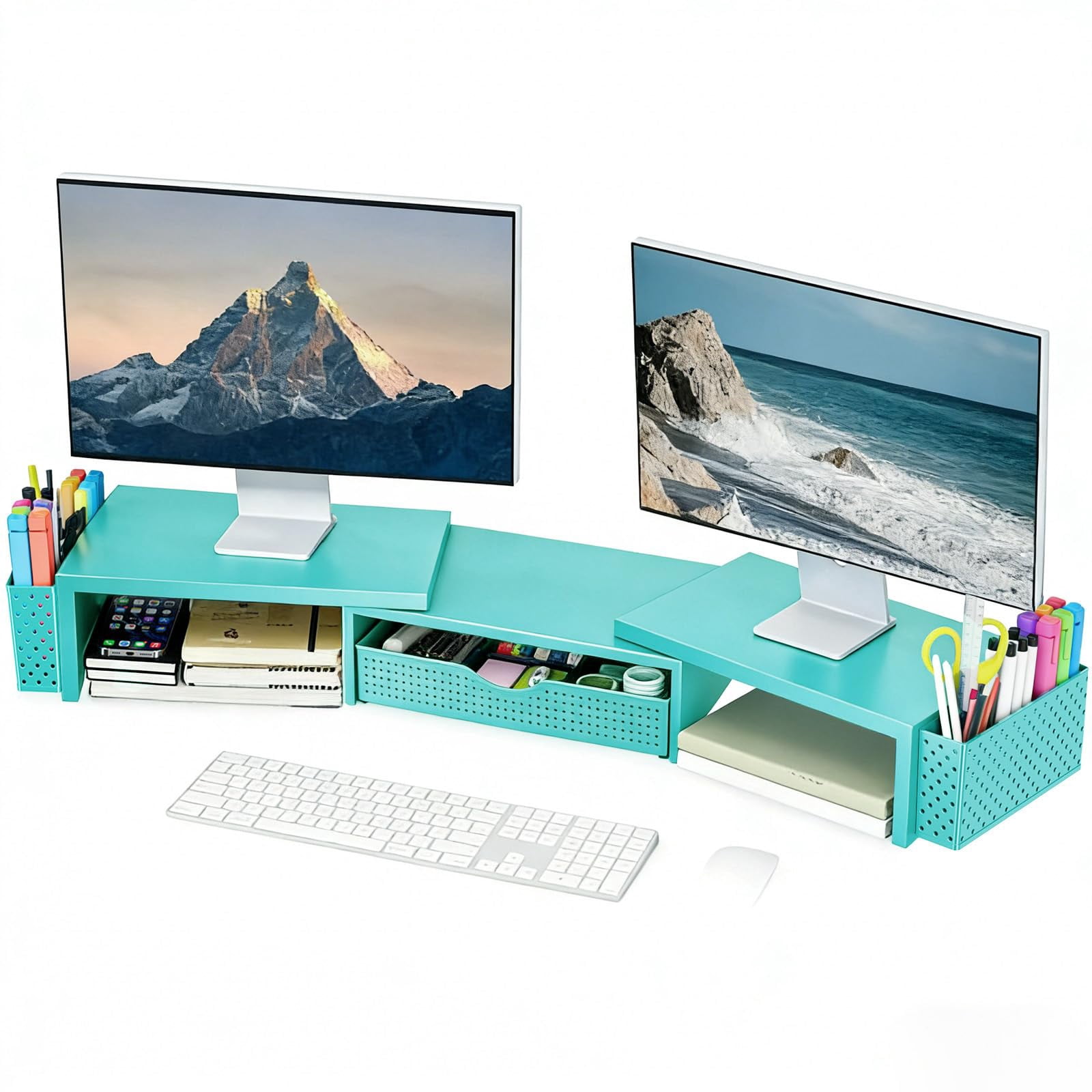 Metal Desk Organizers And Accessories  Dual Monitor Stand Riser With Drawer 2 Pen Holders & Workspace Desktop For Office Supplies (blue)
