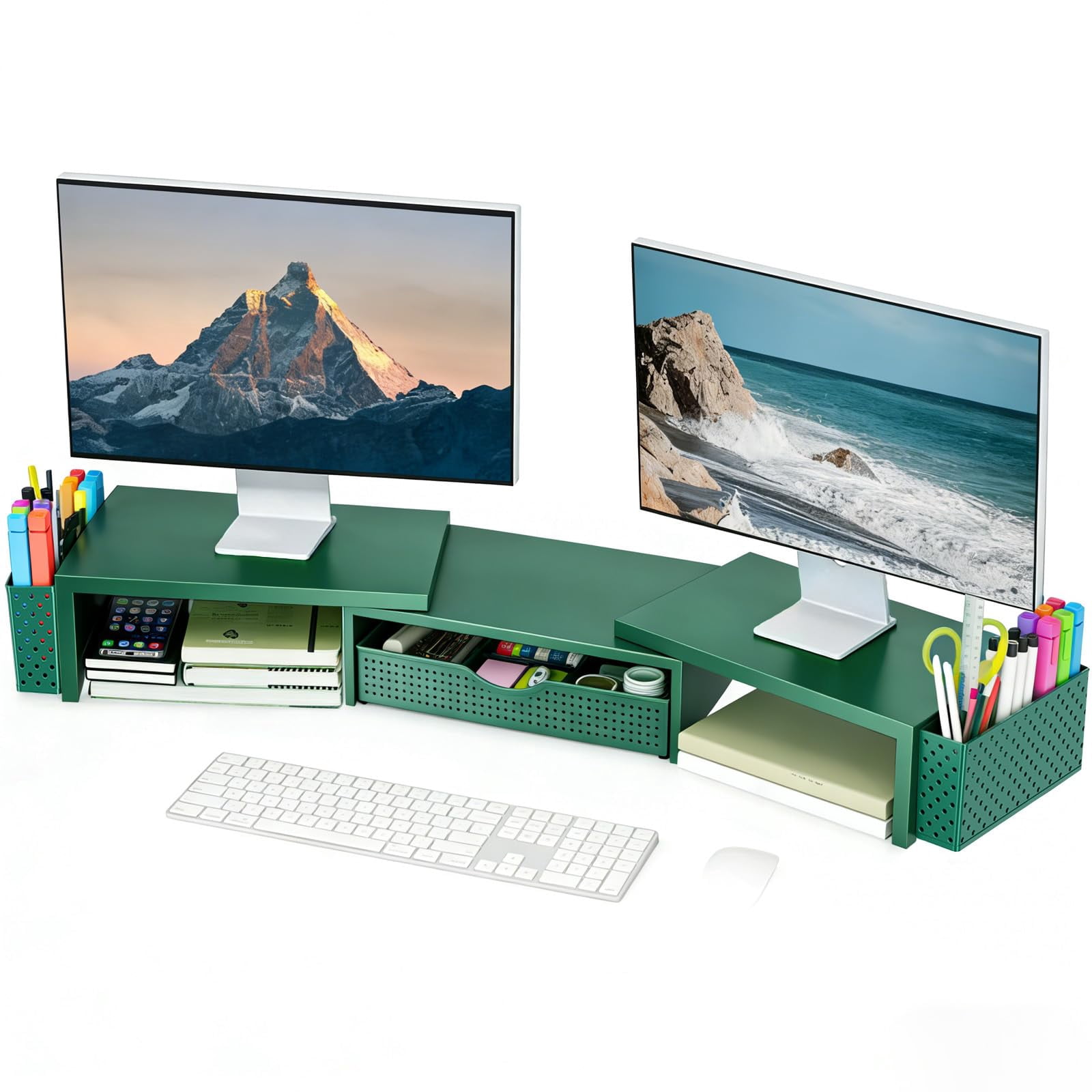 Metal Desk Organizers And Accessories  Dual Monitor Stand Riser With Drawer 2 Pen Holders & Workspace Desktop For Office Supplies (dark Gree)