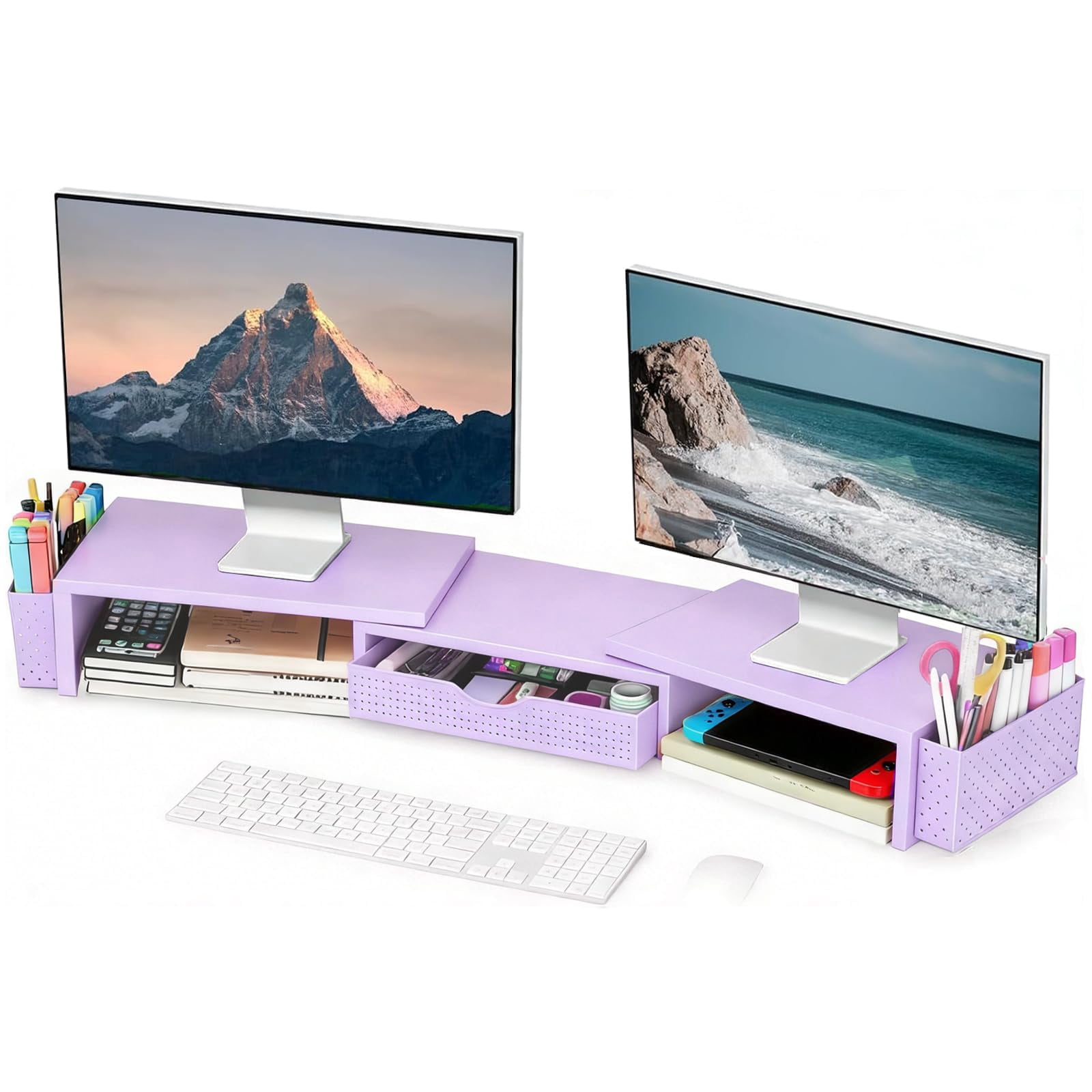 Metal Desk Organizers And Accessories  Dual Monitor Stand Riser With Drawer 2 Pen Holders & Workspace Desktop For Office Supplies (purple)