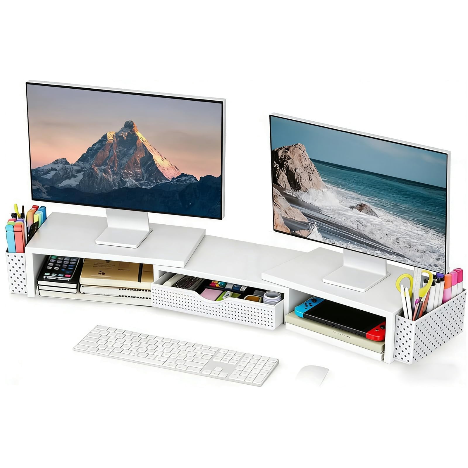 Metal Desk Organizers And Accessories  Dual Monitor Stand Riser With Drawer 2 Pen Holders & Workspace Desktop For Office Supplies (white)