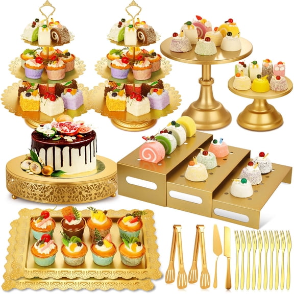 Metal Dessert Table Display Set with Cake Stands, Cupcake Towers, Trays and Serving Utensils