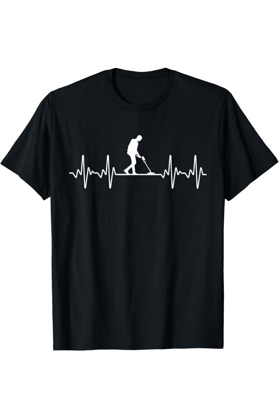 Metal Detecting Heartbeat EKG Graphic T-Shirt Funny Treasure Hunter Hobby Tee Retro Unisex Apparel