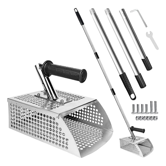Metal Detecting Sand Scoop - Extra Long Handle Stainless Steel Sand Flea Rake with Comfort Grip, Ideal for Beach Combing, Underwater & Wet Sand Treasure Hunting