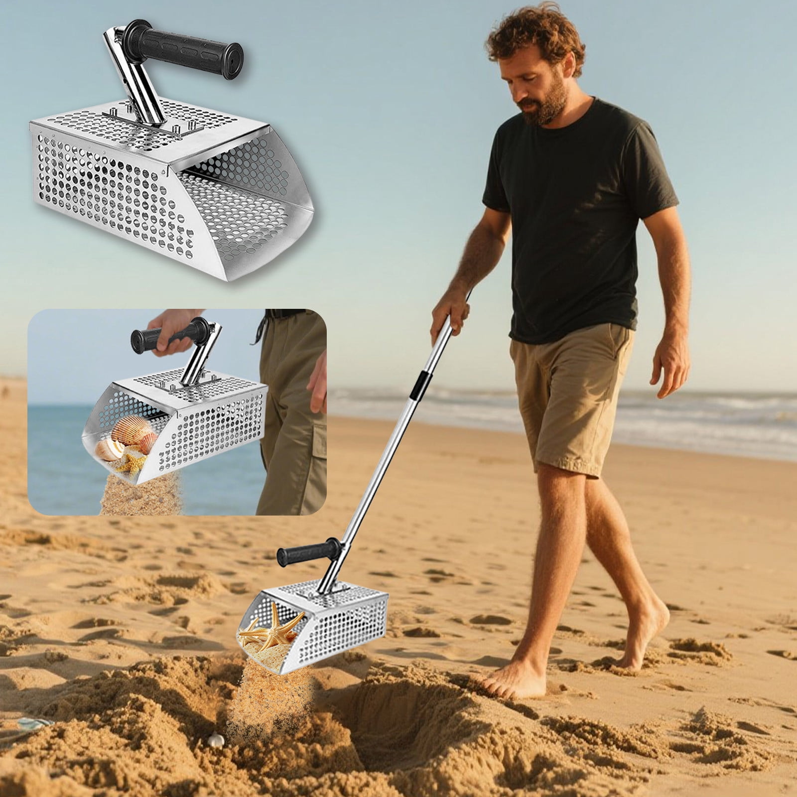Handle Sand Rack Metal Detecting Sand Scoop Heavy Duty Stainless Steel Sand Flea Rake ...