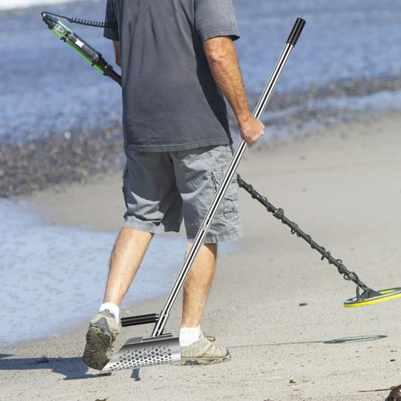 Metal Detecting Sand Scoop Stainless Steel Long Handle Sand Scoop with Gloves Manual Sand Sifter Shovel Sturdy Beach Sand Metal Detecting Tool for Underwater Treasure Hunting