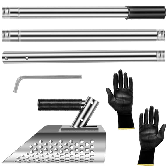 Metal Detecting Sand Scoop Stainless Steel Long Handle Sand Scoop with Gloves Manual Sand Sifter Shovel Sturdy Beach Sand Metal Detecting Tool for Underwater Treasure Hunting