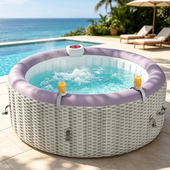 Seizeen 2-4 Persons Inflatable Hot Tub, 71in Round Hot Tub with Built-in Pump, Woven Pattern Home Spa with 110pcs Jets, Lockable Cover, 2 Cup Holders, 4 Filters Rapid Heating up to 104F