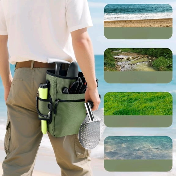 Metal Detector Scoop & Multifunctional Metal Detecting Waist Pouch,Long Handle Sand Scoop for Metal Detecting,Stainless Steel Sand Sifter Shovel for Beach, Underwater Treasure Hunting$$Tools