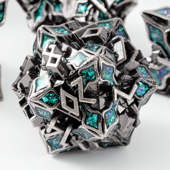 Metal Dice for DND - Spire Sanctum Series - Polyhedral Dice Set for D&D, RPG and More - Balanced Rolls, Beautiful 7 Piece Set for Dungeons and Dragons (Silver Green Glitter)