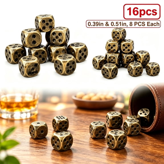 Metal Dice Set 16 Pieces, Antique Bronze Six Sided Dice in 0.39 in and 0.51 in, 8 of Each for Board Games and Party Favors