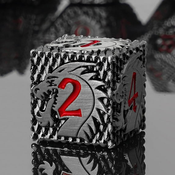 Metal Dice Set D&D, 7 PCS Dragon & Warrior Metallic DND Polyhedral Dice Set with Gift Metal Box for Dungeons and Dragon Tabletop Game (Gray Dice & Red Dragon)