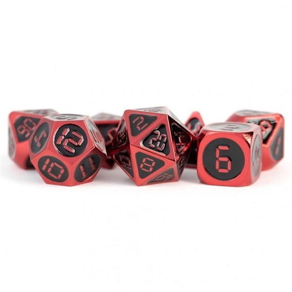 Metal Dice with Black Enamel & Red Digital Clock Display Numbers - Set of 7