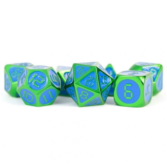 Metal Dice with Blue Enamel & Green Digital Clock Display Numbers - Set of 7