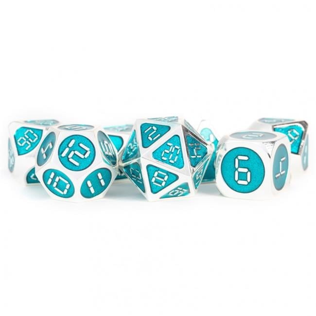 Metal Dice with Teal Enamel & Silver Digital Clock Display Numbers - Set of 7
