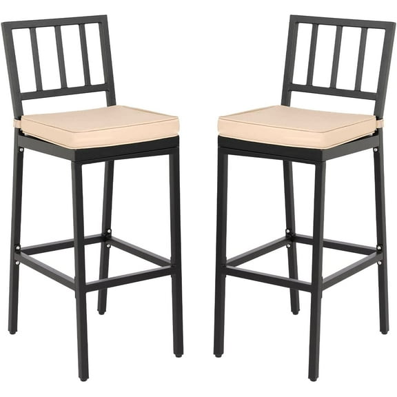 Metal Dining Bar Stools, Outdoor Bar Height Stool, Indoor Outdoor Stools with High Back & Cushions, Black Matte Finish, 29" Barstools for Patio, Bistro(2 Slat back stools with cushions, Black)