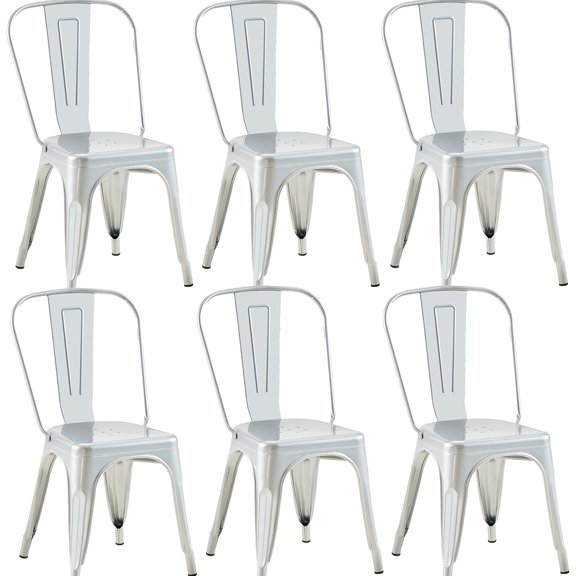 Metal Dining Chairs with Backrest, Stackable, Silver, 6 Pack | Easy Assembly, Non-Slip Feet, 330 lb Capacity, Kitchen, Restaurant, Cafe, Pub, Covered Patio