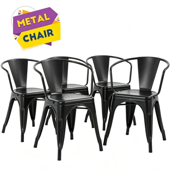 Metal Dining Chairs Set of 4, Indoor Outdoor Bar Chairs, Stackable Heavy Duty Chair with Removable High Backrest, 18 Inch Waterproof Farmhouse Tolix Style for Kitchen, Restaurant, Patio, Black