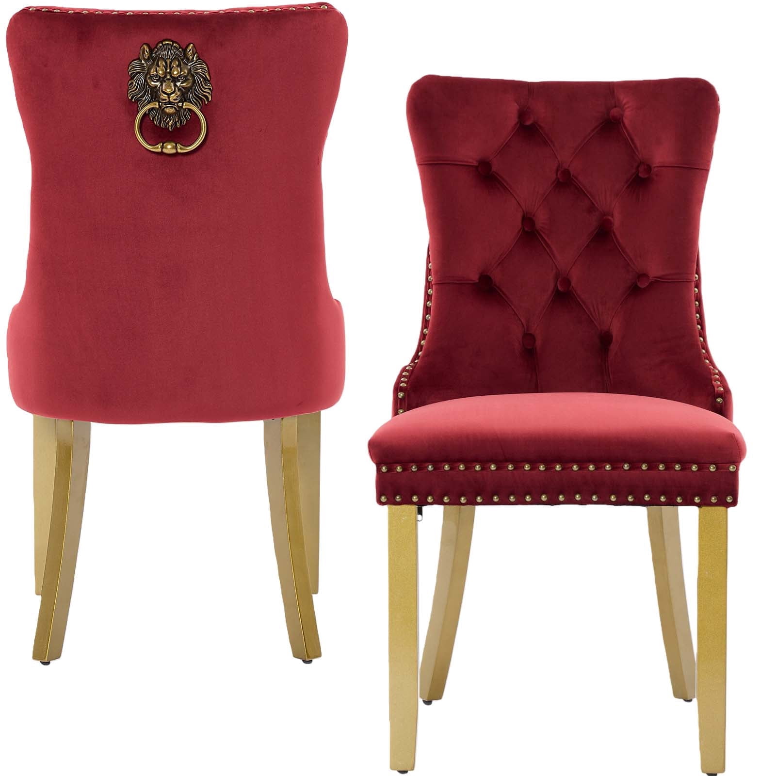Mid-Century Velvet Dining Chairs, Wine Red, Gold Solid Wood Legs & Lion Pulls, Set of 2