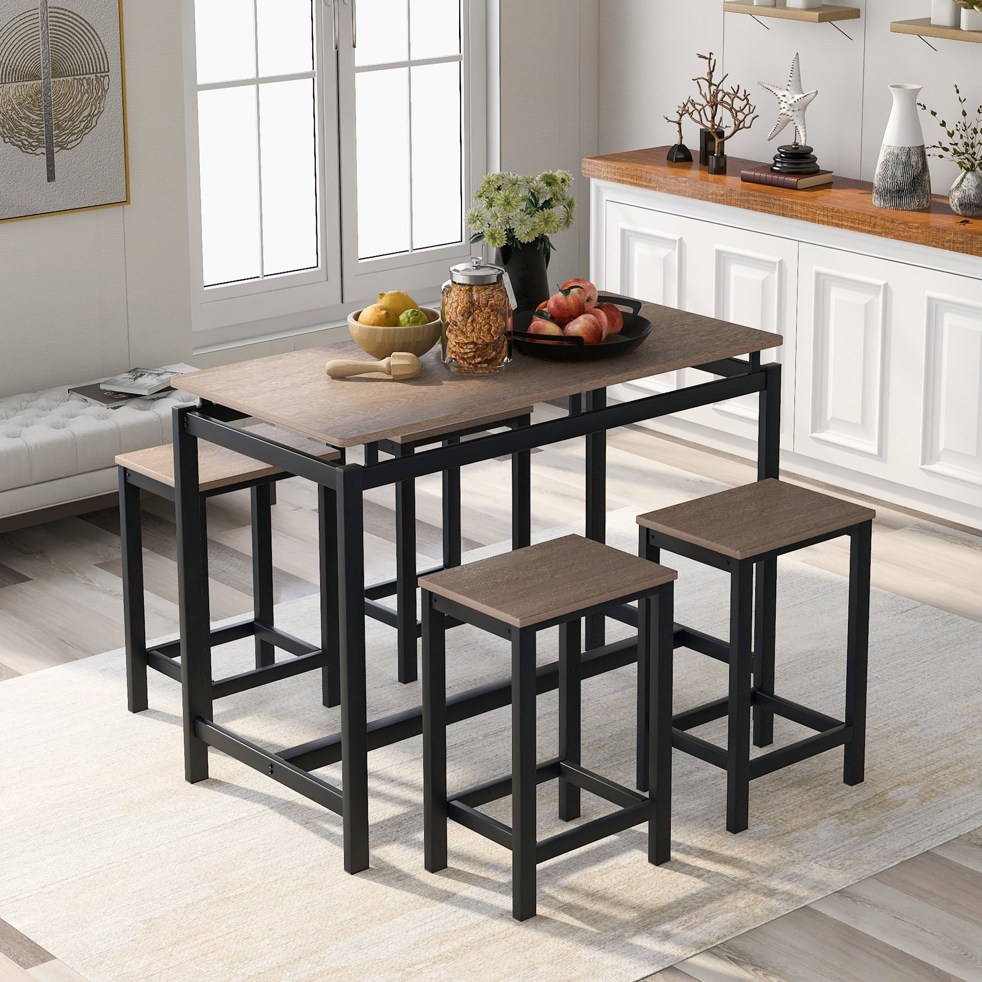 Metal Dining Set for 4, BTMWAY Counter Height Dining Room Table and Chairs Set for Kitchen, High ...