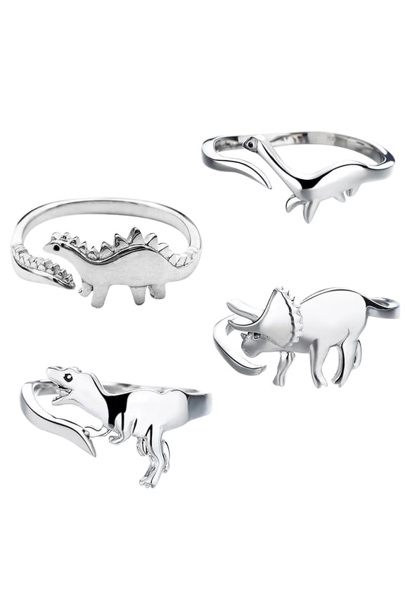 Metal Dinosaur Ring Fashion Cute Open Geometric Animal Ring Japanese And Korean Fashion Jewelry (4 Rings In A Pack) Silver