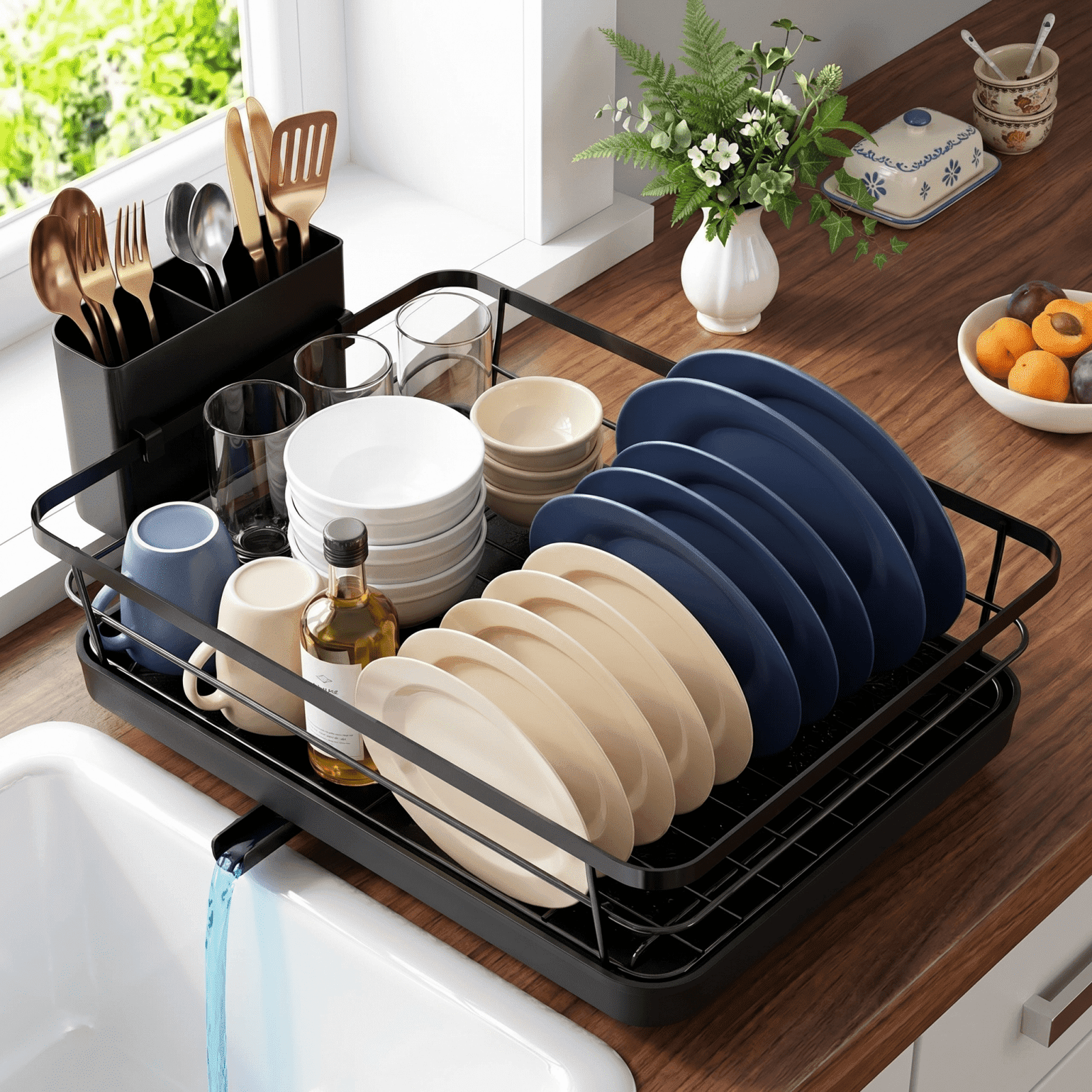 Metal Dish Drying Rack for Kitchen Counter (15.6" × 12") — Black Coated Metal with Removable Utensil Holder & Swivel Drainboard