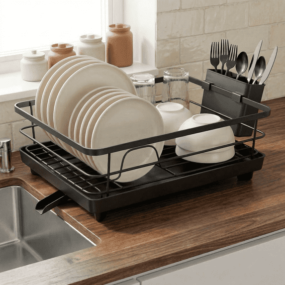 Metal Dish Drying Rack for Kitchen Counter (16.5" × 12") — Rust-Resistant Coated Steel with Removable Utensil Holder & Swivel Drainboard, Black