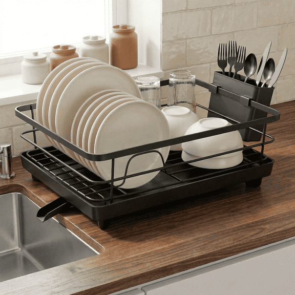 Metal Dish Drying Rack for Kitchen Counter (15.6" × 12") — Rust-Resistant Coated Steel with Removable Utensil Holder & Swivel Drainboard, Black