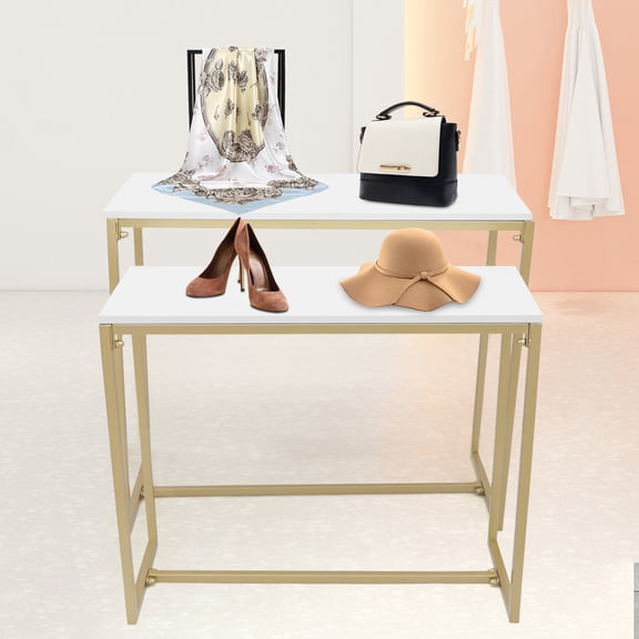 Metal Display Stand for Shoes, Handbags, 2 PCS Nesting Tables for Retail Stores, Steel Pipe + Melamine Board,  Gold