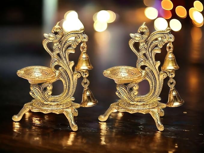Metal Diya for Puja | Peacock Design Oil Diwali Lamp | Antique Akhand Diya for Temple, Home Decor, Pooja Room, Festivals (Gold, 14x9x20cm) (Pack of 2)