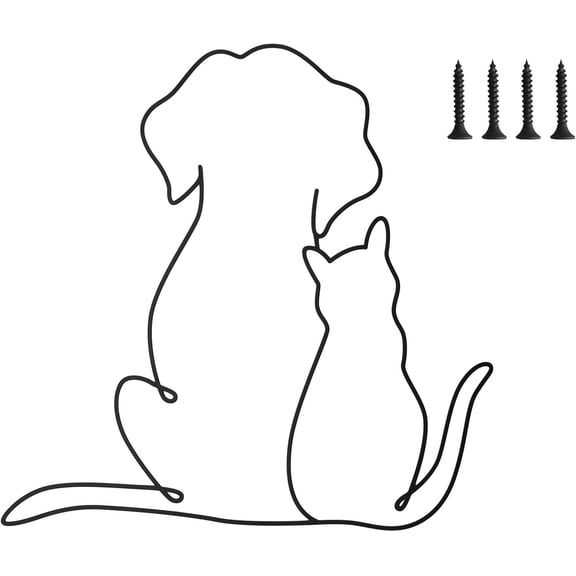 Metal Dog Cat Wall Art Decor, Rustic Dog Cat Wall Decor Metal Cat Wire Wall Decor Iron Dog Wall Art Decor Minimalist Metal Wall Ornament for Living Room Bedroom (Black)