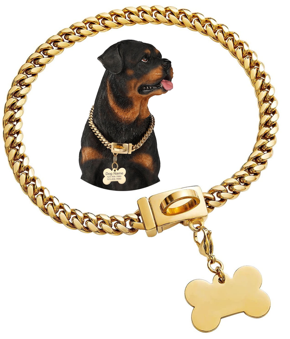 Metal Dog Chain Collar, 10mm Stainless Steel Gold Cuban Link Chain with Dog  ID Tag for Puppy Small & Medium Dogs 