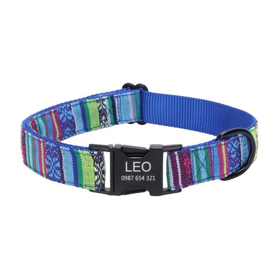 Metal Dog Collar, Engraved Dog Collar, Dog Collar Personalized, Quick Release Buckle, 12 Inch Boho Blue Striped Adjustable Soft Webbing Collar for Everyday Wear and Id Labeling
