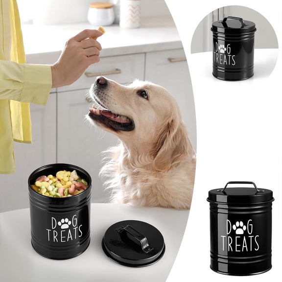 Metal Dog Treat Canister Round Pet Snack Storage Tin With Handle Lid Farmhouse Decor Dry Food Container For Household Pantry Organizer(Black-17Cm)