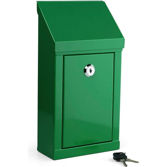 Metal Donation Box Charity Steel Collection Box Office Suggestion Box Secure Box with Top Slot and Lock with Keys Wall Mount with pre drilled Holes 10x6x2.5 Waterproof Mailbox for Home OfficeGreen