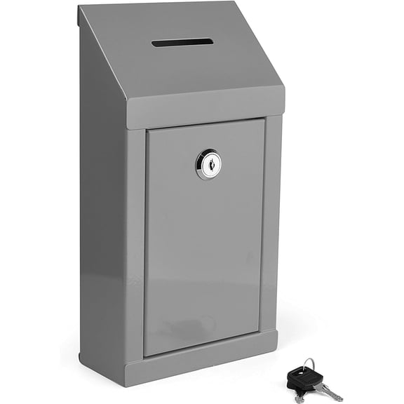 Metal Donation Box Charity Steel Collection Box Office Suggestion Box Secure Box With Top Slot and Lock with Keys Wall Mount with pre drilled holes 10x6x2.5" Key Drop Box for Home Office Grey