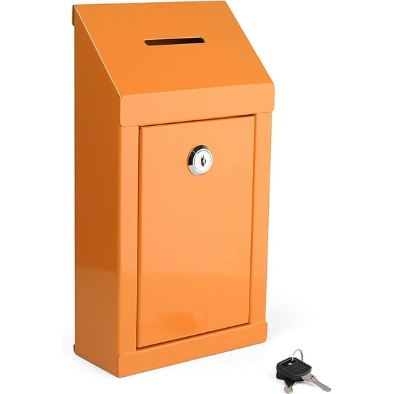 Metal Donation Box Charity Steel Collection Box Office Suggestion Box Secure Box With Top Slot and Lock with Keys Wall Mount with pre drilled holes 10x6x2.5" Key Drop Box for Home OfficeOrange