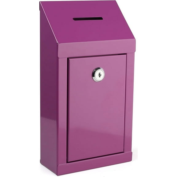 Metal Donation Box Charity Steel Collection Box Office Suggestion Box Secure Box With Top Slot and Lock with Keys Wall Mount with pre drilled holes 10x6x2.5" Key Drop Box for Home OfficePurple