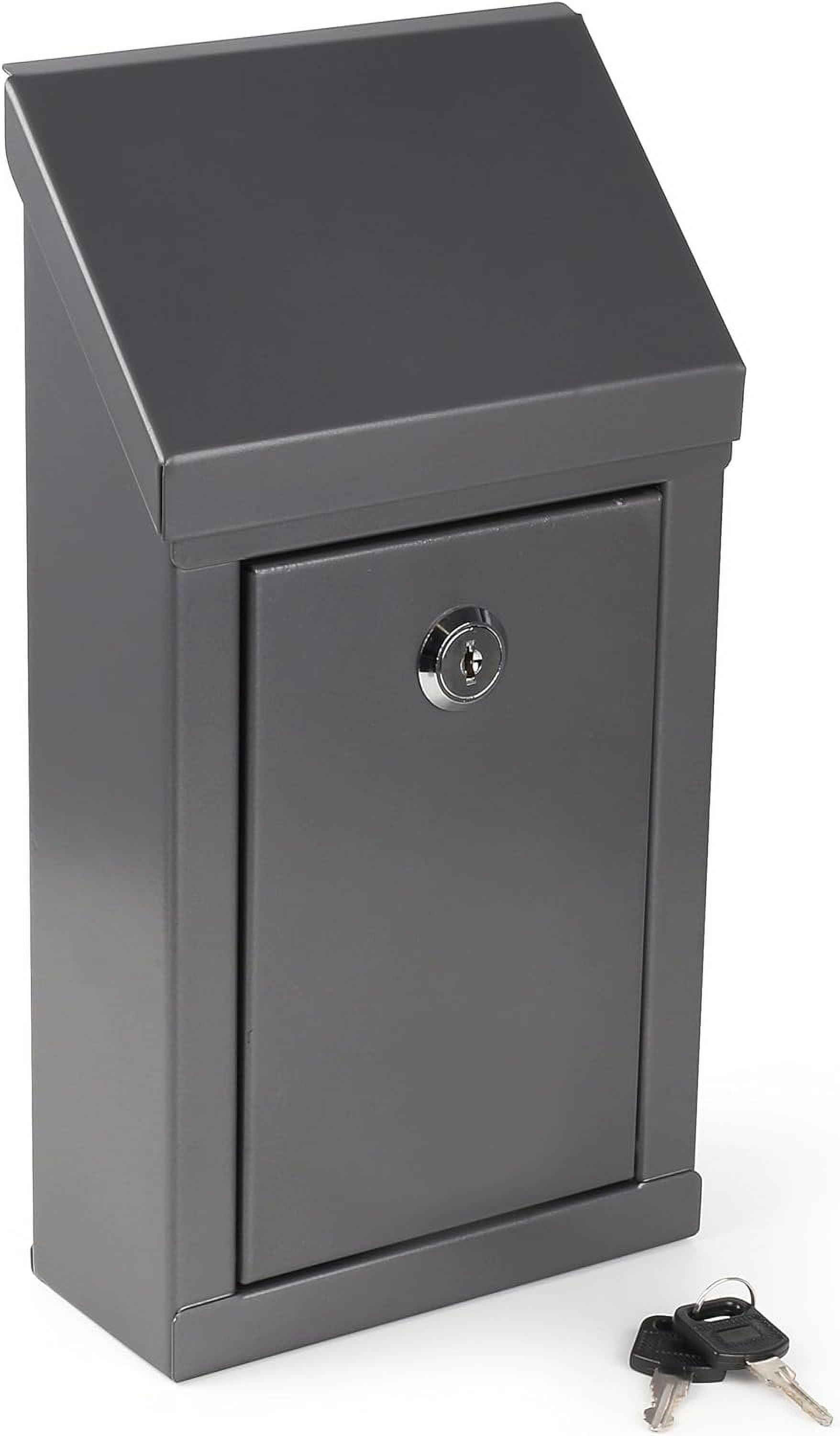 Metal Donation Box Charity Steel Collection Box Office Suggestion Box Secure Box With Top Slot and Lock with Keys Wall Mount with pre drilled holes 10x6x2.5" waterproof mailbox for Home OfficeGray