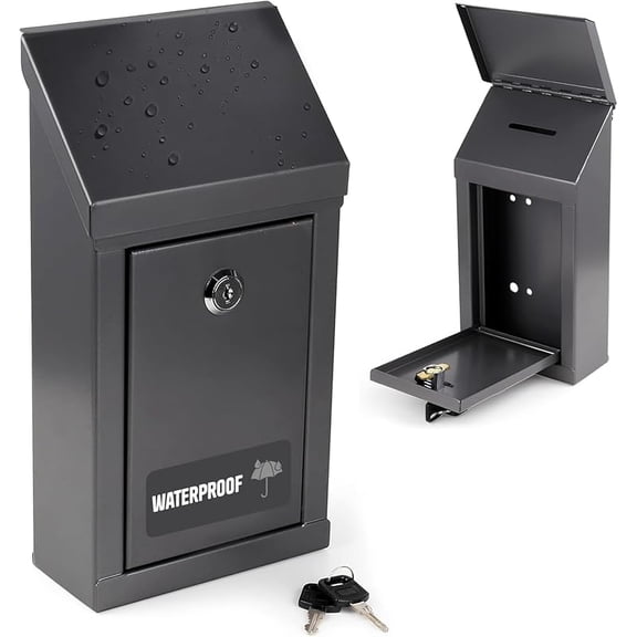 Metal Donation Box Charity Steel Collection ballot Box Office Suggestion Box Secure Box With Front and top Slot Easy Wall Mount with pre drilled holes 8.5x6.5x4" Drop Box for Home and Office(Black)