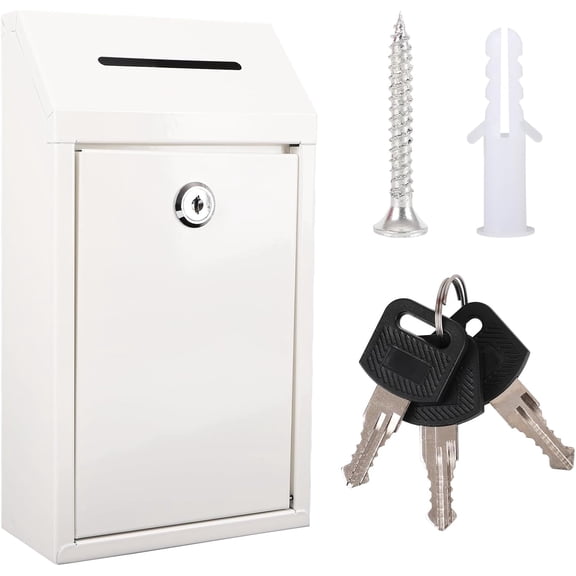 Metal Donation Box with Lock Ballot Box Drop Box with Lock Suggestion Box with Slot and Locks Metal Locks Boxs Comment Box Voting Box Key Drop Box for Home Office(White,10.24 x 5.71 x 2.95 Inch)