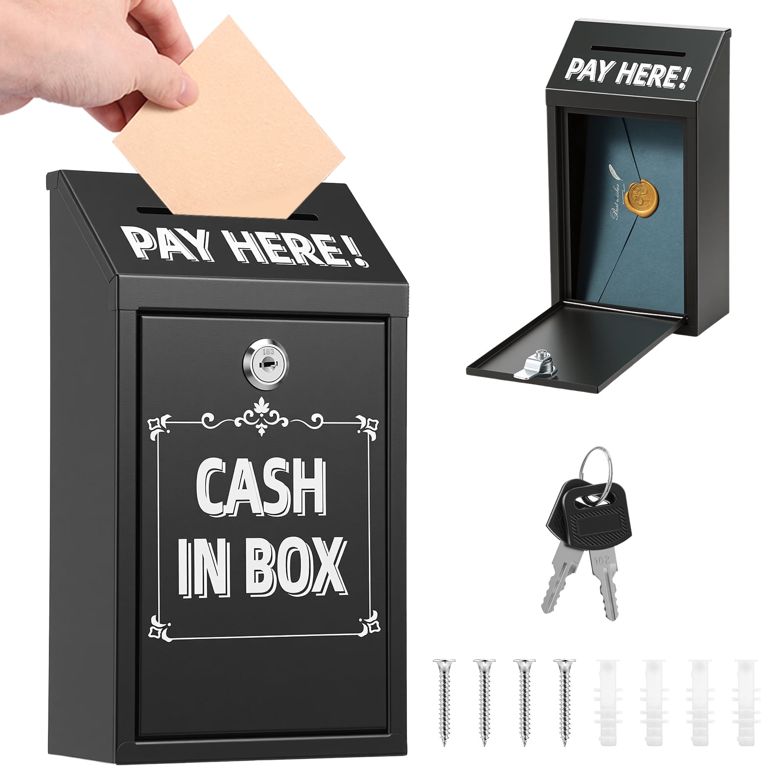 Metal Donation Box with Lock Slot Safe Suggestion Charity Collection Donation Money Lock Box Cash Drop Money Case Suggestion Box,Black,10.24 x 5.71 x 2.95''