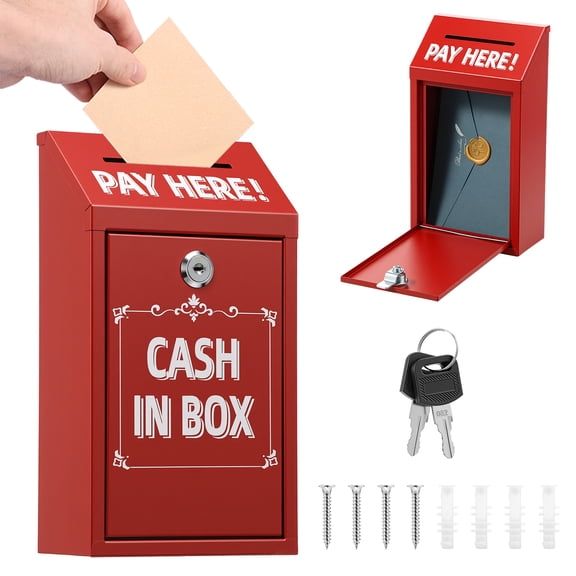 Metal Donation Box with Lock Slot Safe Suggestion Charity Collection Donation Money Lock Box Cash Drop Money Case Suggestion Box,Red,10.24 x 5.71 x 2.95''