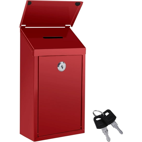 Metal Donation Box Suggestion Box with Slot and Lock Waterproof Wall Mounted Mailbox Charity Collection Box Secure Drop Box for Cash Home Office Outdoor (Burgundy)