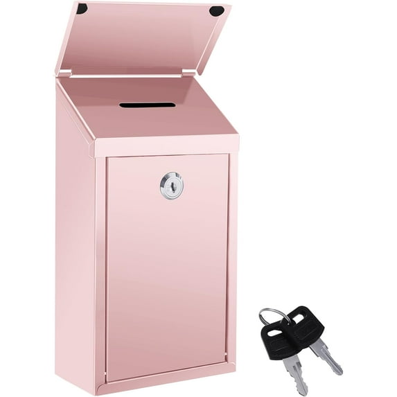 ZJQYDS Metal Donation Box Suggestion Box with Slot and Lock Waterproof Wall Mounted Mailbox Charity Collection Box Secure Drop Box for Cash Home Office Outdoor (Pink)