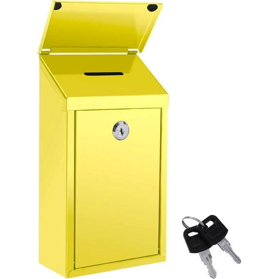 ZJQYDS Metal Donation Box Suggestion Box with Slot and Lock Waterproof Wall Mounted Mailbox Charity Collection Box Secure Drop Box for Cash Home Office Outdoor (Yellow)