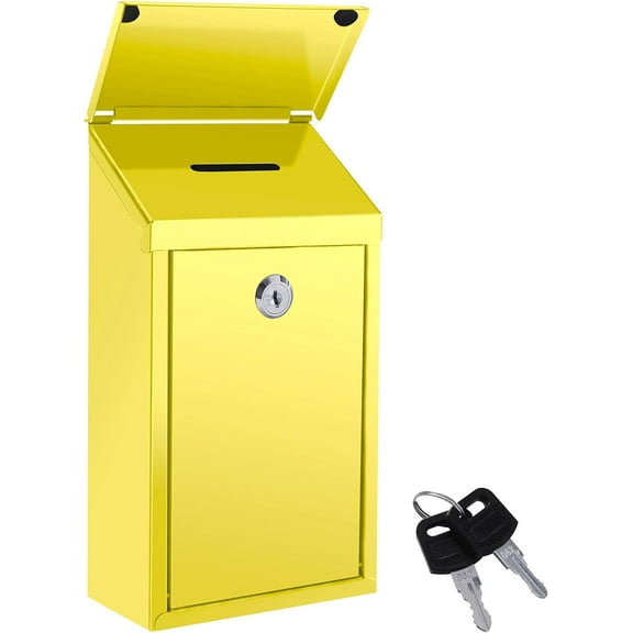 ZJQYDS Metal Donation Box Suggestion Box with Slot and Lock Waterproof Wall Mounted Mailbox Charity Collection Box Secure Drop Box for Cash Home Office Outdoor (Yellow)